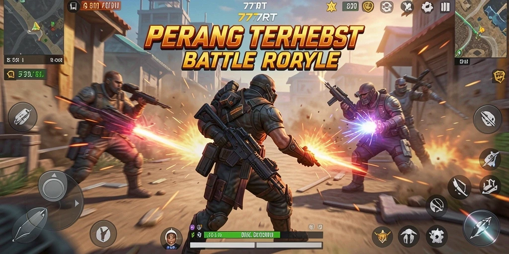 Tangkapan layar gameplay 777RT menampilkan pertempuran seru di arena Battle Royale.