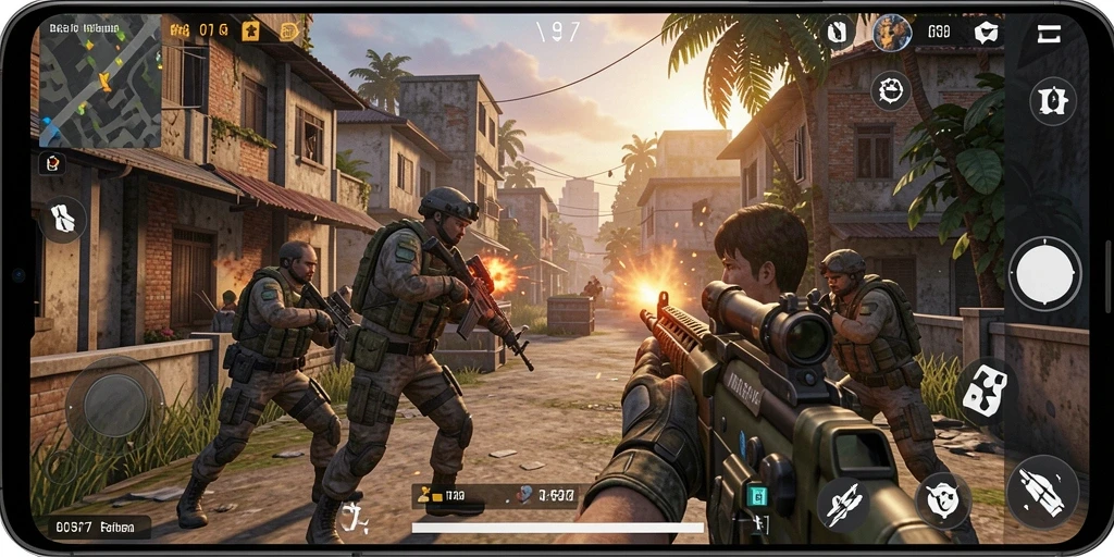 Tampilan gameplay seru dalam <strong>EOS77</strong> dengan pertarungan FPS.