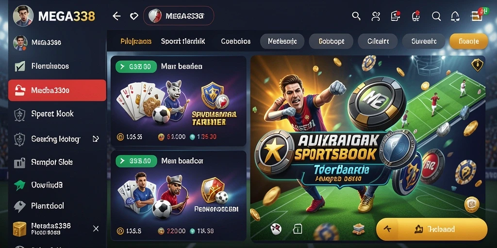 Tampilan screenshot utama MEGA338 yang menampilkan gameplay Sportsbook.