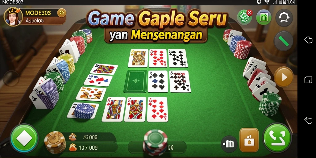 Screenshot gameplay MODE303 yang menampilkan suasana permainan Gaple yang seru.